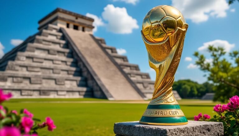 découvrez le trophée de la coupe du monde 2026 dévoilé devant l'une des sept merveilles du monde au mexique, symbole d'une compétition historique et grandiose.